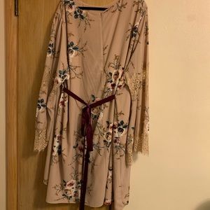 Tan Floral Dress with Lace Bell Sleeve and Ribbon